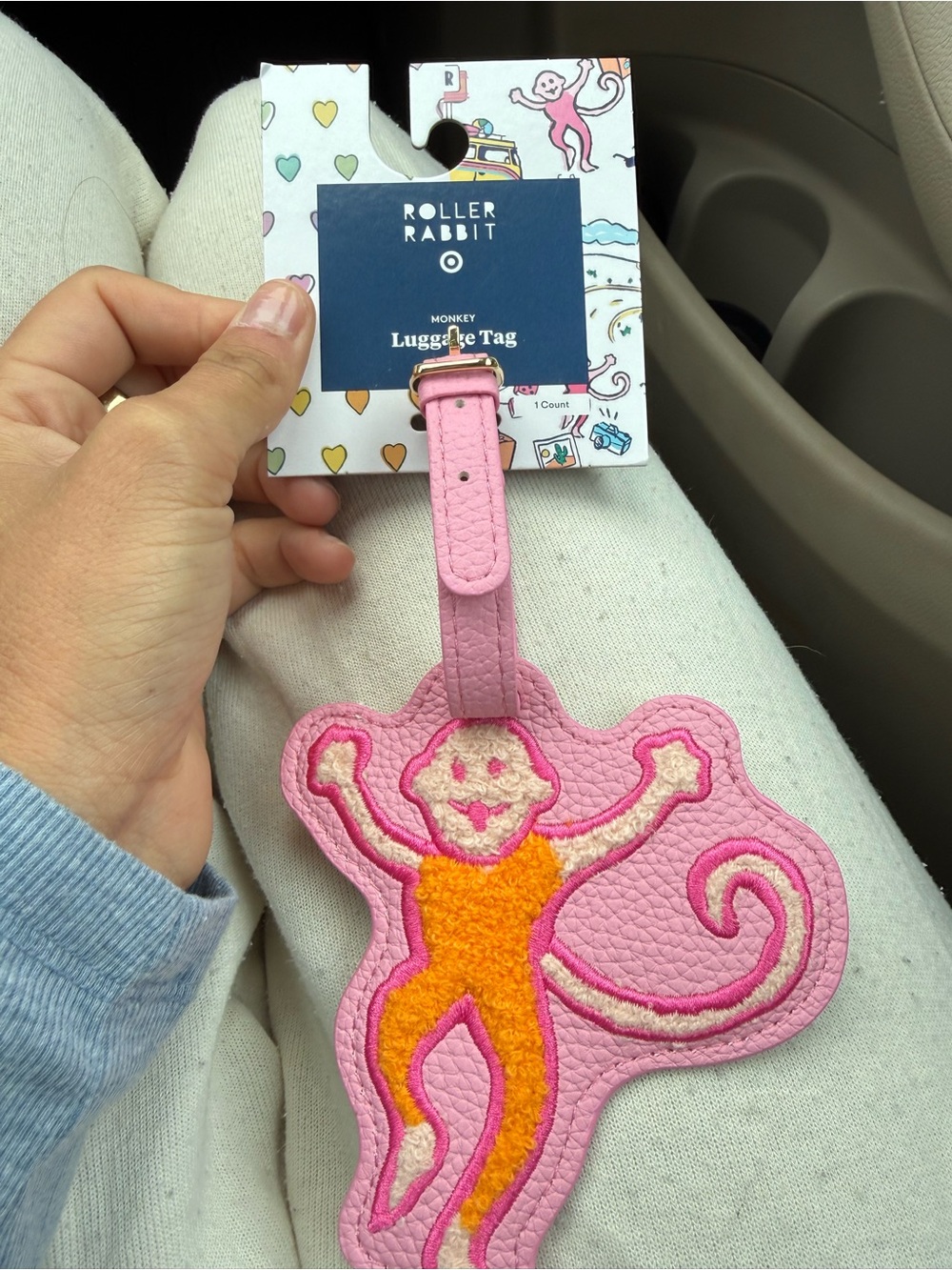 Roller Rabbit Pink & Orange Monkey Luggage Tag